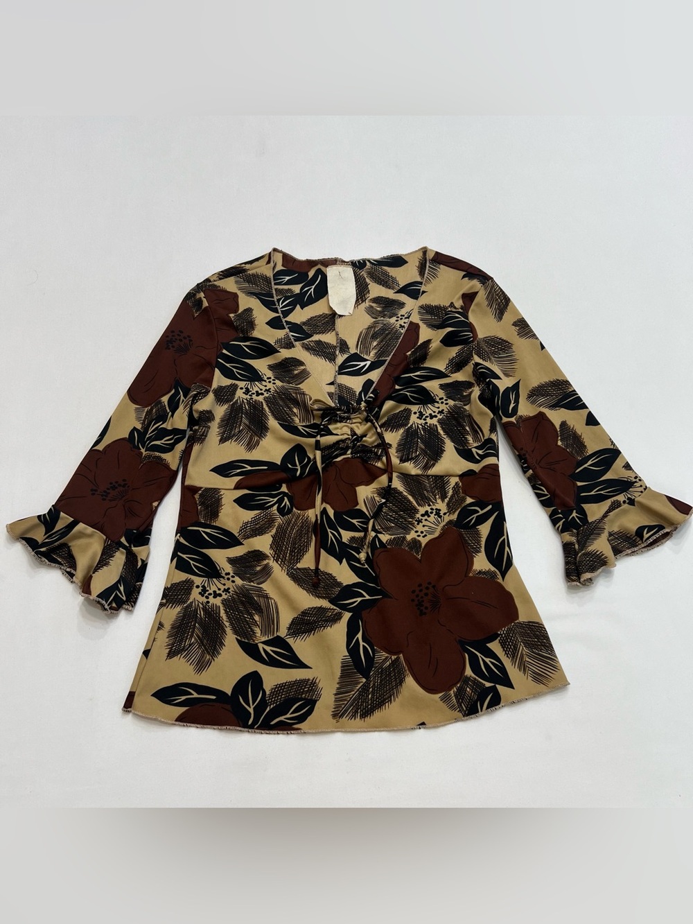 Vintage Y2K Boho Floral Babydoll Top Sz Small Lettuce Hem Flare Sleeve Festival